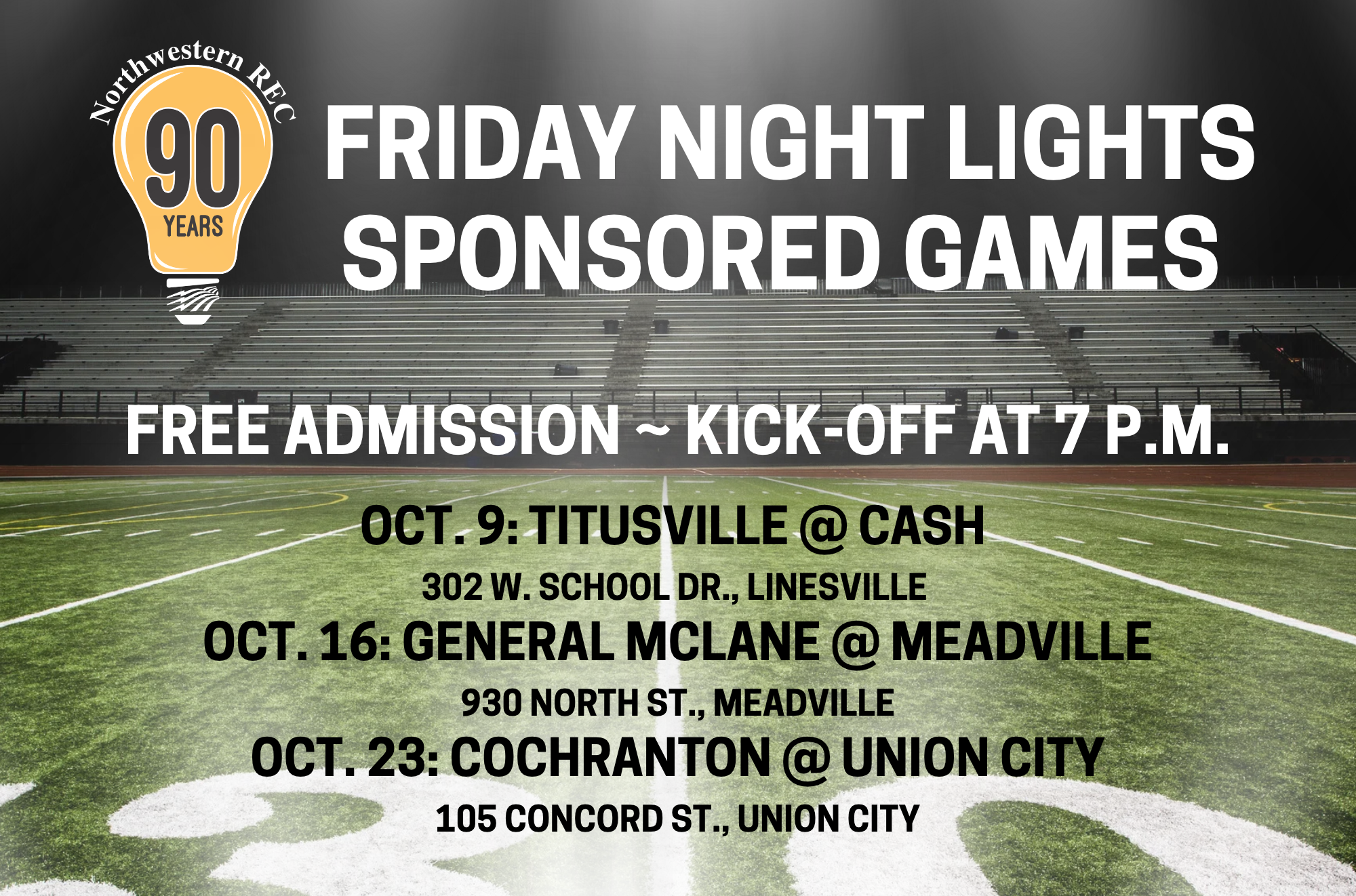 Northwestern REC is sponsoring select high school football games this fall! Check out the list below to find a date with your favorite team. We've got your ticket covered!